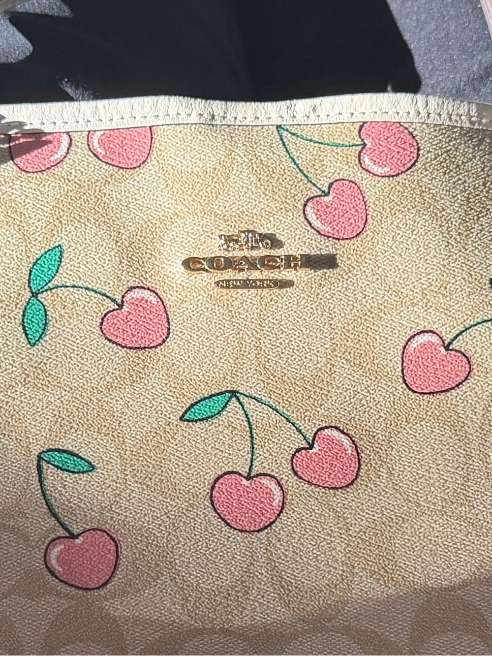 COACH Cream Signature Cherry Print Tote with Pink Accents